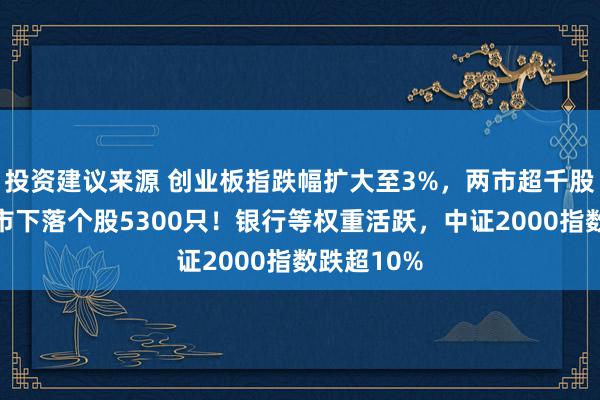 投资建议来源 创业板指跌幅扩大至3%，两市超千股跌停，三市下落个股5300只！银行等权重活跃，中证2000指数跌超10%