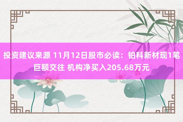 投资建议来源 11月12日股市必读：铂科新材现1笔巨额交往 机构净买入205.68万元