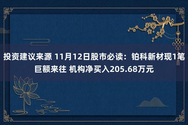 投资建议来源 11月12日股市必读：铂科新材现1笔巨额来往 机构净买入205.68万元