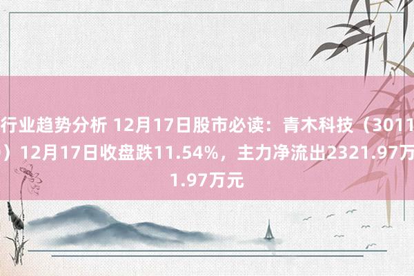 行业趋势分析 12月17日股市必读：青木科技（301110）12月17日收盘跌11.54%，主力净流出2321.97万元